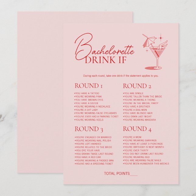 Retro Cocktail Bachelorette Party Game Drink If  Invitation (Front/Back)