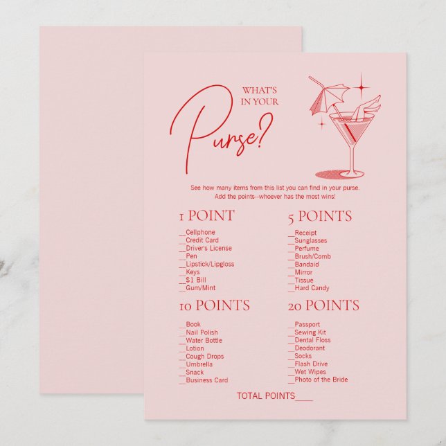 Retro Cocktail Bachelorette What's In Your Purse Invitation (Front/Back)