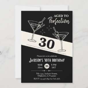 Retro cocktail black & white martini 30th Birthday Invitation