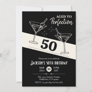 Retro cocktail black & white martini 50th Birthday Invitation