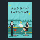 Retro Cocktail Lounge Kitchen Towel<br><div class="desc">Every hour is happy hour with this Customisable Retro Cocktail Lounge Kitchen Towel. The mid century modern design features a vibrant, 1960's style, minimalist, cartoon drawing of a classy, cocktail bar. Against the backdrop of an aqua wall, we can see rows of drink glasses. At least we can see the...</div>