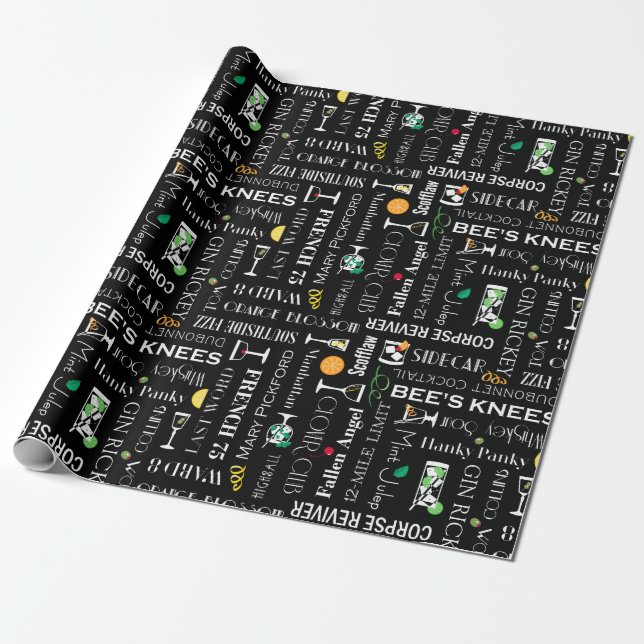 Retro Cocktail Names Pattern Wrapping Paper (Unrolled)