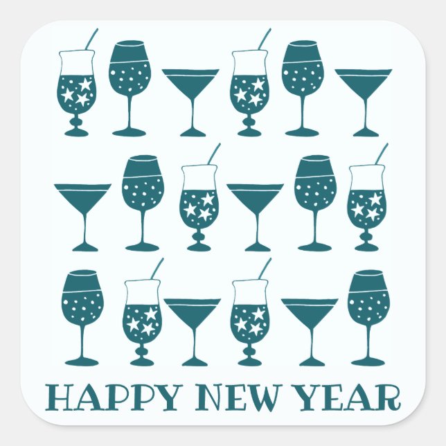 Retro Cocktail Party Drinks Happy New Year Square Sticker (Front)