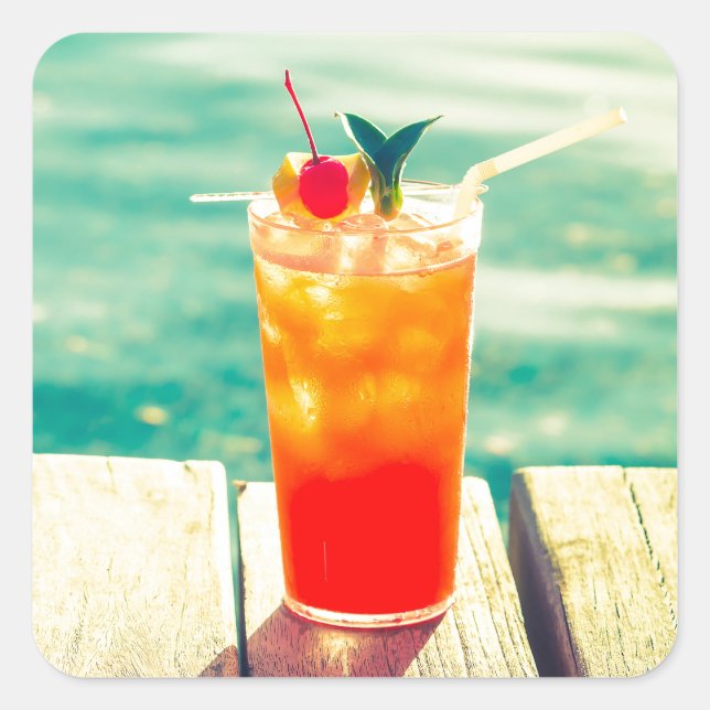 Retro cocktail sunset pool bar square sticker (Front)