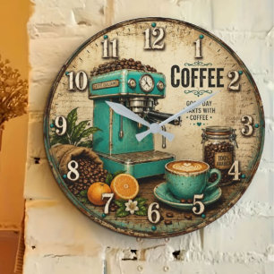 Retro Coffee Bar Decor Barista Kitchen Large Clock