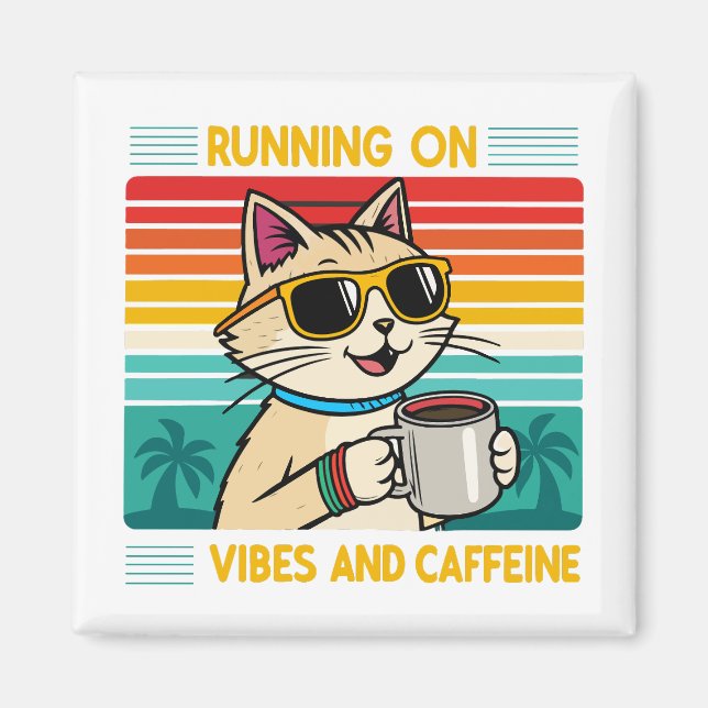 Retro Coffee Cat Vibes - Funny Caffeine Lover Magnet (Front)