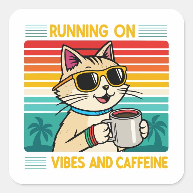 Retro Coffee Cat Vibes - Funny Caffeine Lover Square Sticker (Front)