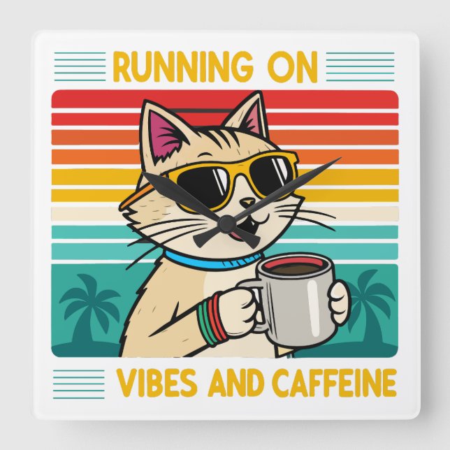Retro Coffee Cat Vibes – Funny Caffeine Lover Square Wall Clock (Front)