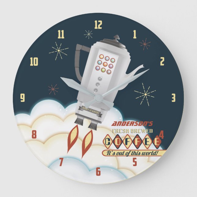 Retro coffee pot rocket personalised kitchen large clock (Front)