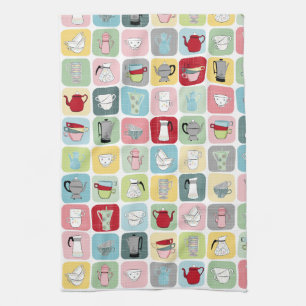 Retro Coffee Pots and Cups Pattern Tea Towel