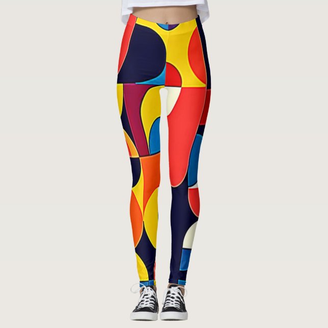 Retro Color Block Geometry Art Leggings (Front)