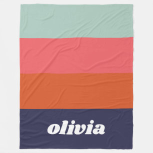Retro Color Block Navy Blue Pink Personalized Name Fleece Blanket
