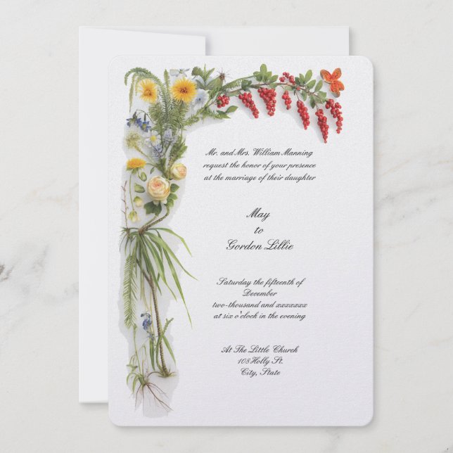 Retro Color Botanical Floral Border Wedding Invitation (Front)