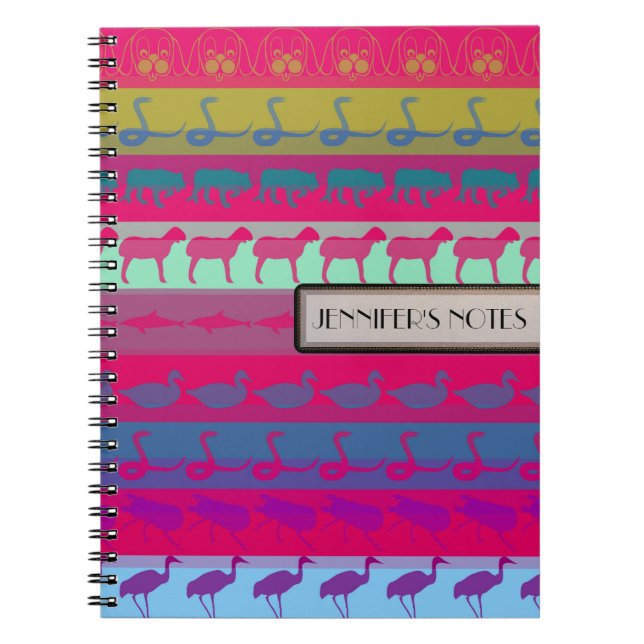 Retro Colorful Animals Modern Stripes Pattern #9 Notebook (Front)