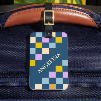 Retro Colorful Checkered Geometric Custom Name Luggage Tag