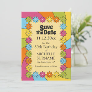 Retro Colorful Flowers 60s Groovy Theme Inspired Save The Date