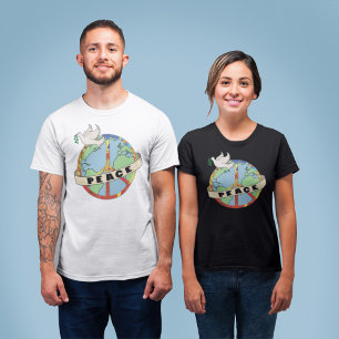 Retro Colorful Hand Drawn World Peace with Dove T-Shirt