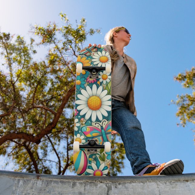 Retro Colorful Hippie Flowers Unisex Skateboard (Outdoor 1)