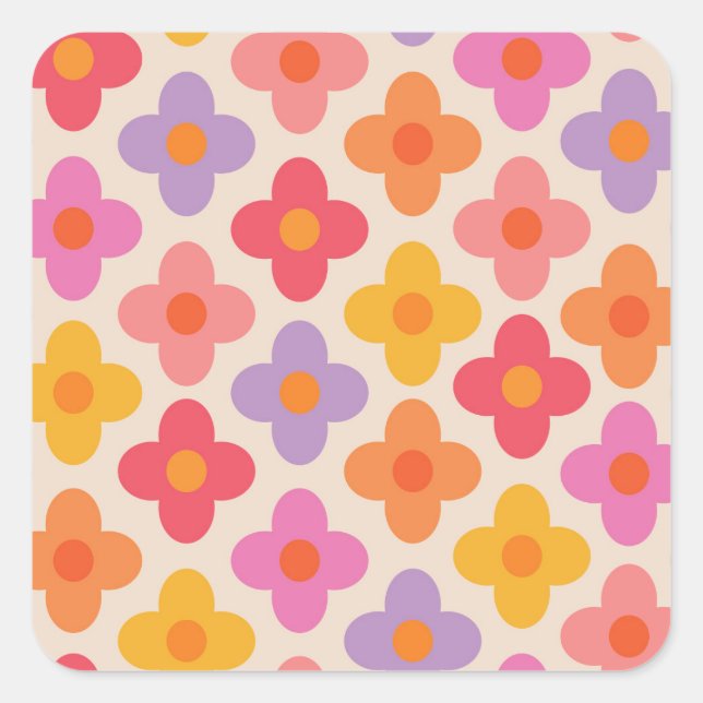 Retro Colorful Hippie Mod Flowers Pattern  Square Sticker (Front)