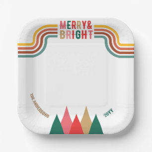 Retro Colorful Merry Bright Christmas Party  Paper Plate