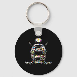 Retro Colorful Polka Dots Hockey Helmet And Puck H Key Ring