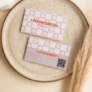 Retro Colorful QR Code Checkered Groovy Floral Fun Business Card