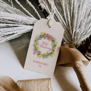 Retro Colorful Quirky Merry Christmas Bow Wreath  Gift Tags