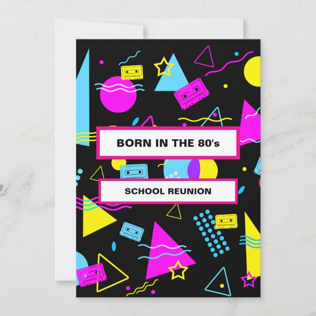 RETRO COLORFUL SHAPES BORN 80'S SCHOOL REUNION INVITATION (Front)