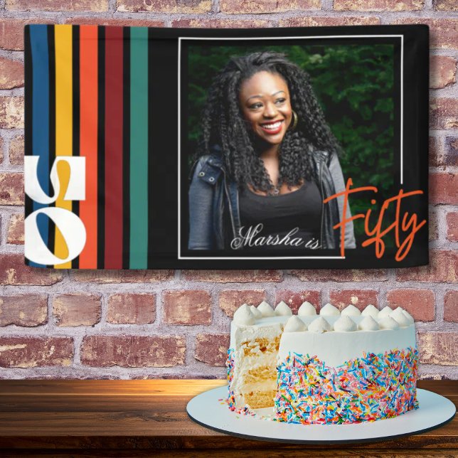 Retro Colorful Striped Fifty Birthday Party Photo Banner (Creator Uploaded)