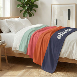 Retro Colour Block Navy Blue Pink Personalised Nam Fleece Blanket