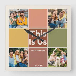 Retro Colour Block This Is Us Quote 4 Photo Collag Square Wall Clock
