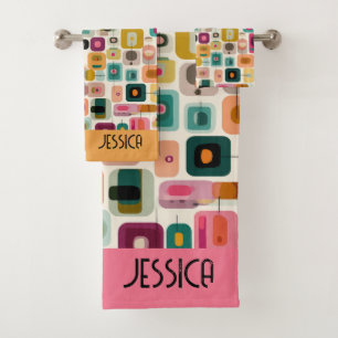 RETRO Colour Blocks Mid Century Geometric Name Bath Towel Set