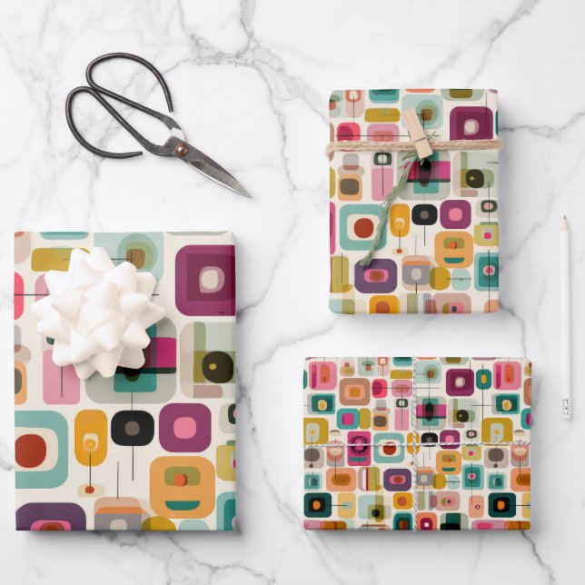 RETRO Colour Blocks Mid Century Geometric Pattern  Wrapping Paper Sheet (Front)