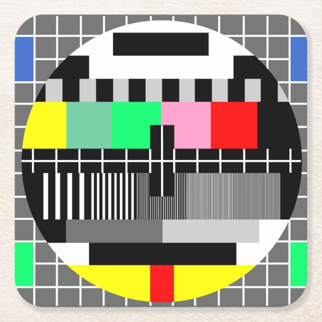 Retro colour tv test screen square paper coaster (Front)