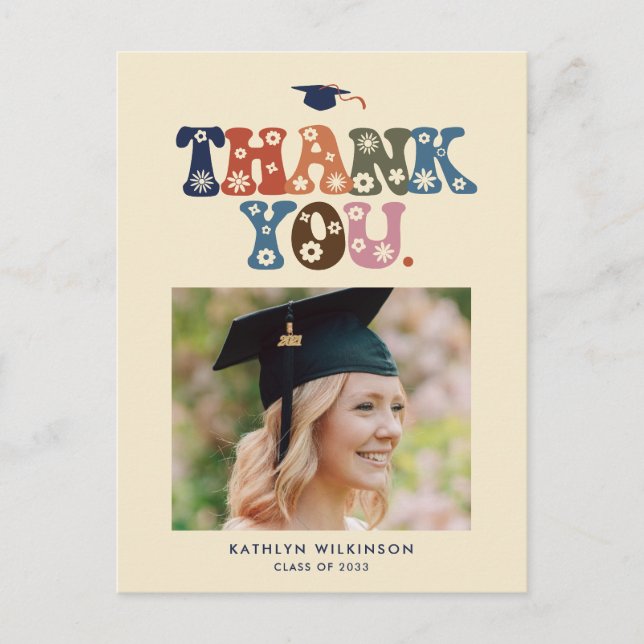 Retro Colour Typography Photo Graduation Thank You Postcard (Front)