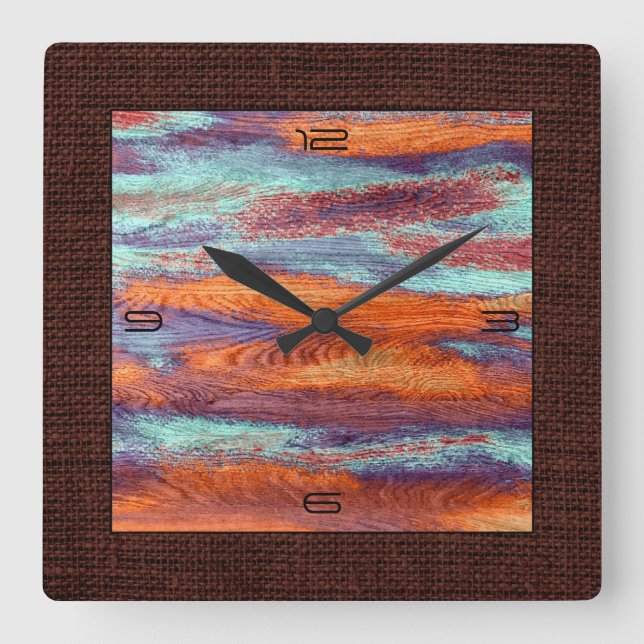 Retro Colour Wood Grain Burlap Border Square Wall Clock (Front)