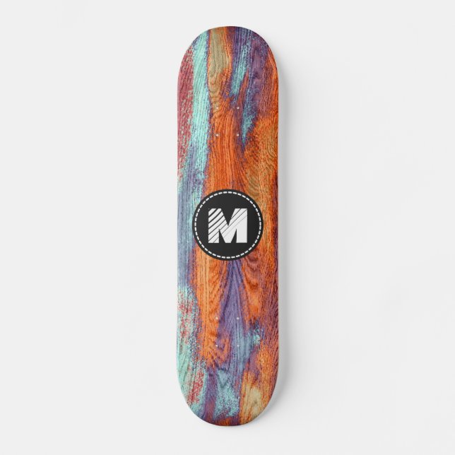 Retro Colour Wood Grain Texture Monogram Skateboard (Front)