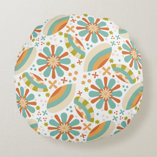 Retro coloured floral abstract pattern round cushion (Front)