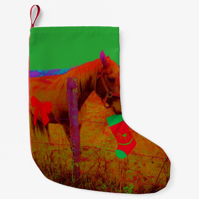 retro coloured red bow Horse Small Christmas Stocking (Front)