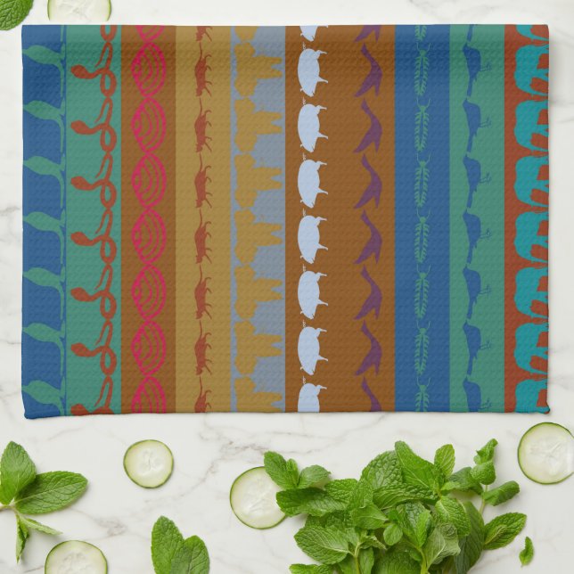 Retro Colourful Animals Modern Stripes Pattern #12 Tea Towel (Folded)