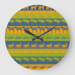 Retro Colourful Animals Modern Stripes Pattern #7 Large Clock