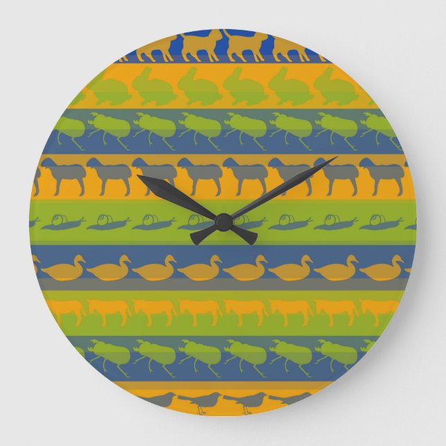 Retro Colourful Animals Modern Stripes Pattern #7 Large Clock (Front)
