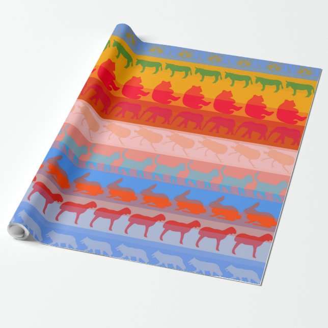 Retro Colourful Animals Modern Stripes Pattern #7 Wrapping Paper (Unrolled)