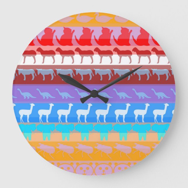 Retro Colourful Animals Modern Stripes Pattern #8 Large Clock (Front)