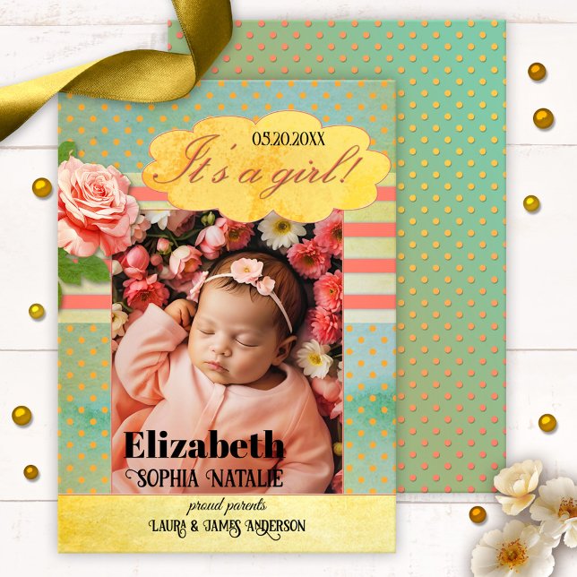 Retro Colourful Baby Girl Birth Announcement Card (Retro baby girl birth announcement card featuring a photo of your baby on colorful watercolor )