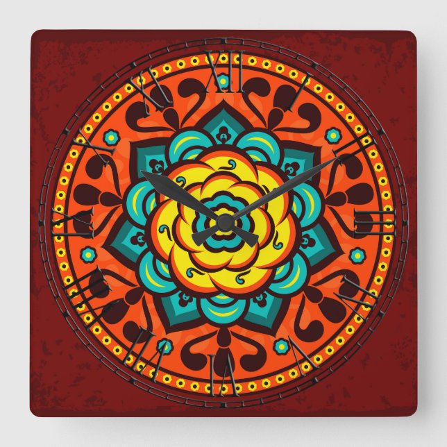 Retro Colourful Beautiful Boho Bohemian Square Wall Clock (Front)