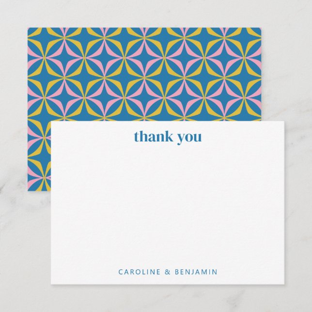 Retro Colourful Blue Geometric Modern Wedding Name Thank You Card (Front/Back)