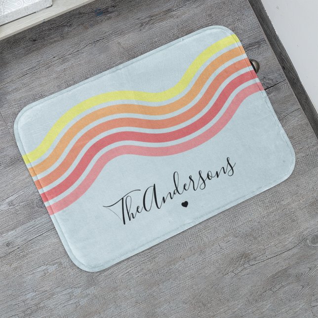 Retro Colourful Blue Groovy Lines Beach Sunrise  Bath Mat (Creator Uploaded)