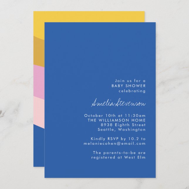 Retro Colourful Blue Yellow Modern Baby Shower Invitation (Front/Back)