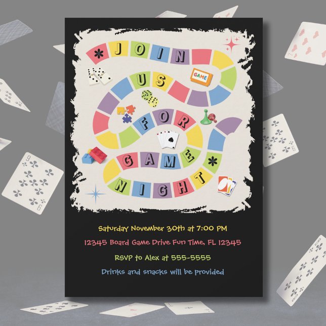 Retro Colourful Board Game Night Invitation (A dynamic, high-energy view of the retro board game invitation surrounded by falling playing cards)